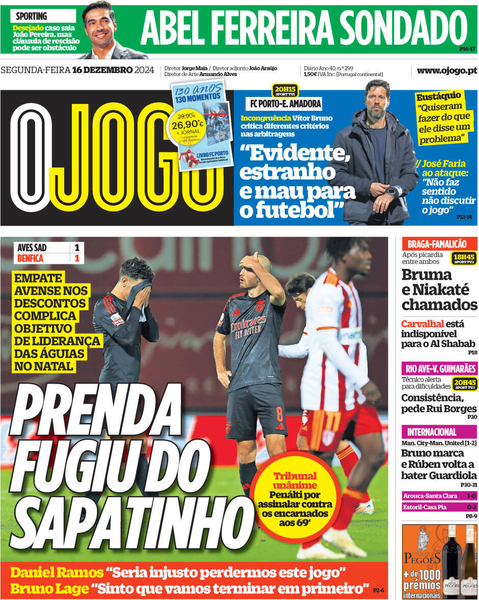 O Jogo: Capa da Edi&ccedil;&atilde;o de segunda-feira, 16 de dezembro 2024