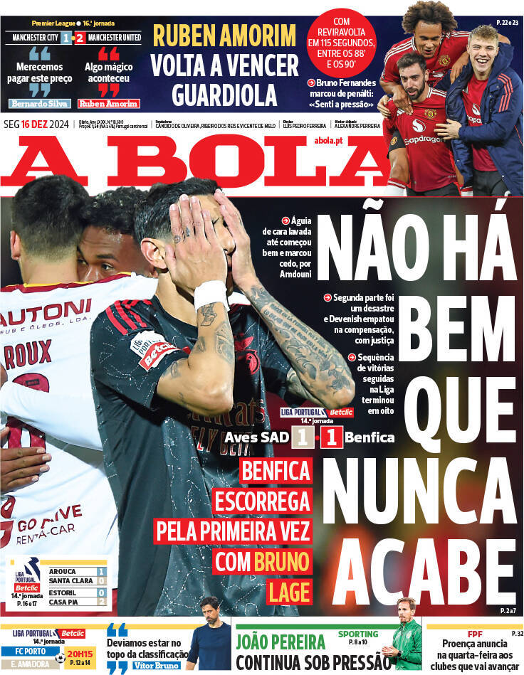 A Bola: Capa da Edi&ccedil;&atilde;o de segunda-feira, 16 de dezembro 2024