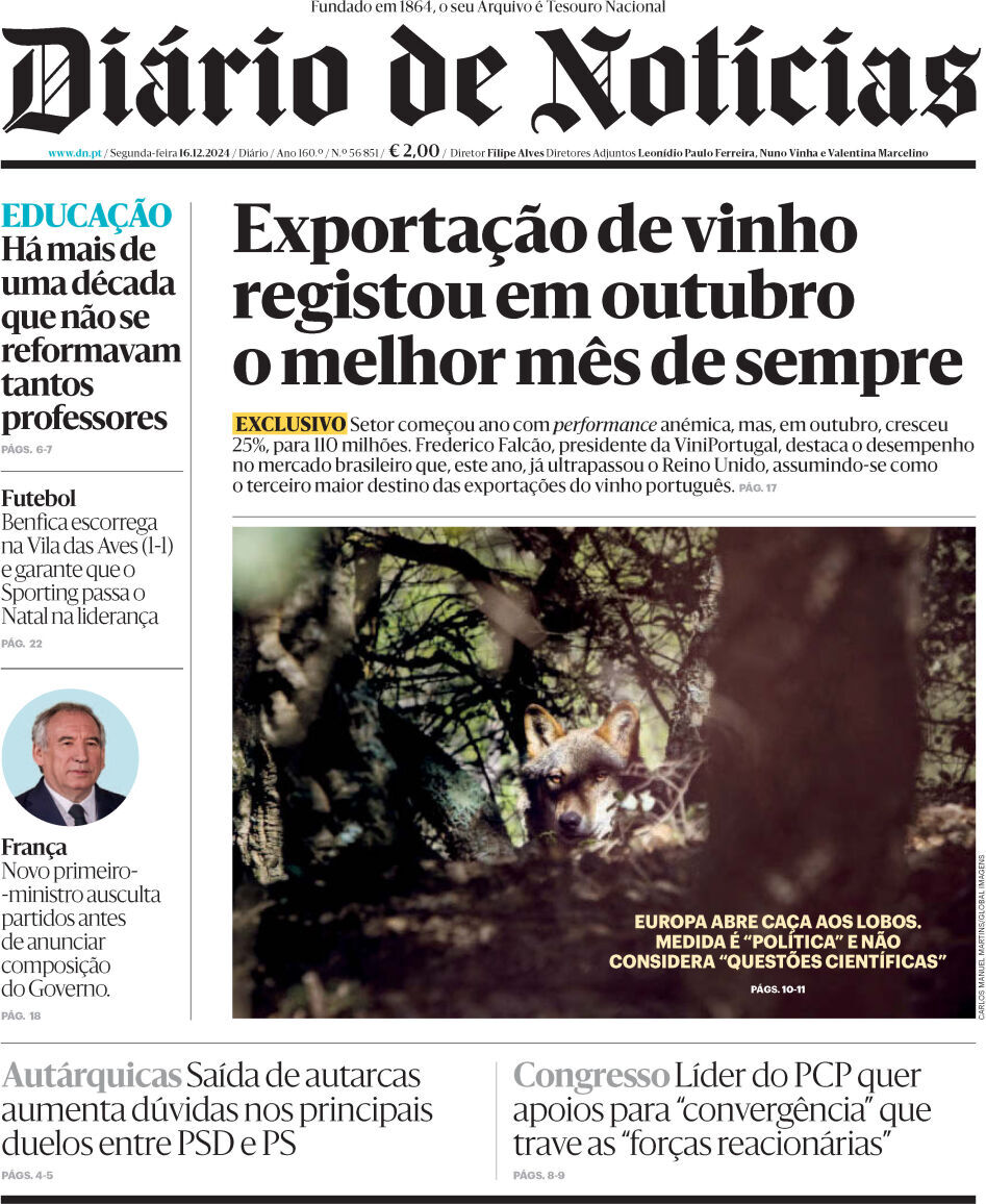 Di&aacute;rio de Not&iacute;cias: Capa da Edi&ccedil;&atilde;o de segunda-feira, 16 de dezembro 2024