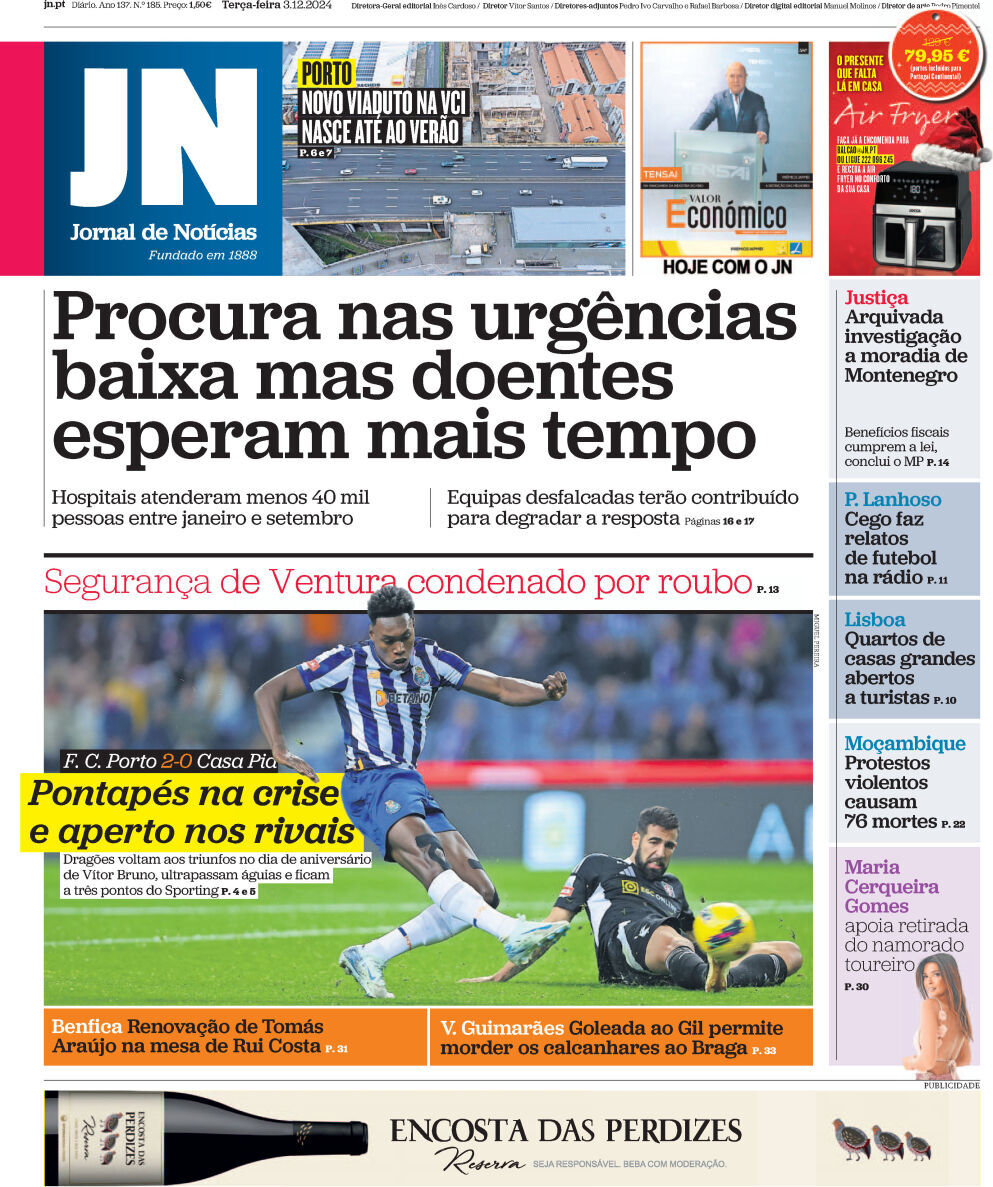 Jornal de Not&iacute;cias: Capa da Edi&ccedil;&atilde;o de ter&ccedil;a-feira, 03 de dezembro 2024