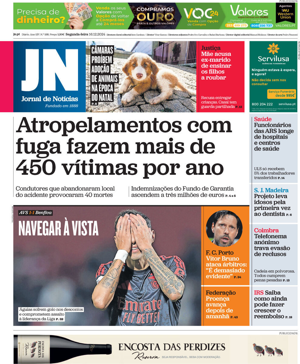 Jornal de Not&iacute;cias: Capa da Edi&ccedil;&atilde;o de segunda-feira, 16 de dezembro 2024