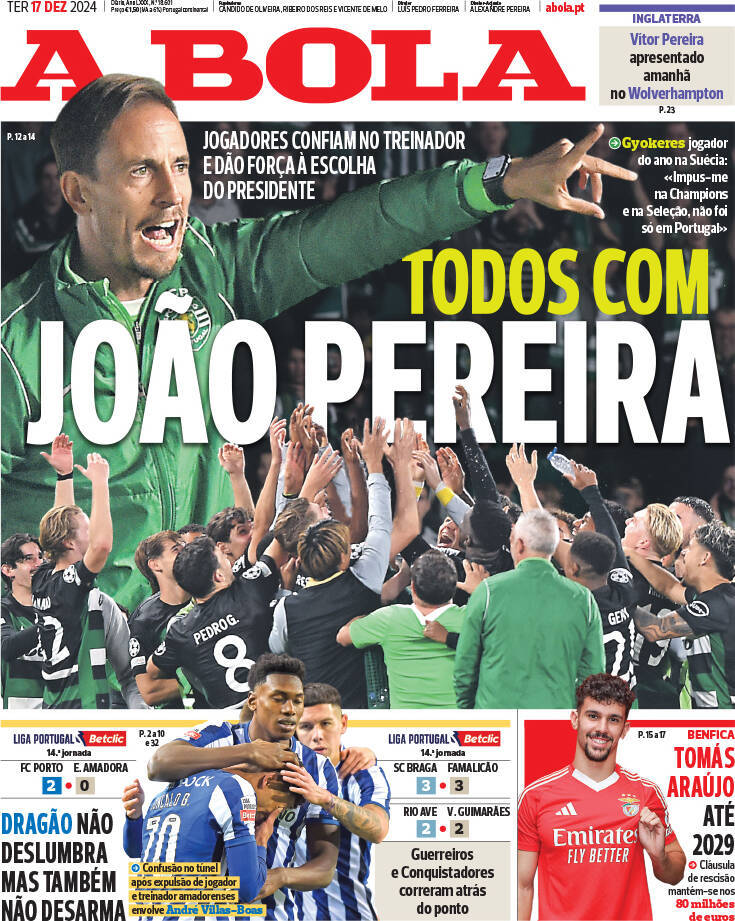 A Bola: Capa da Edi&ccedil;&atilde;o de ter&ccedil;a-feira, 17 de dezembro 2024