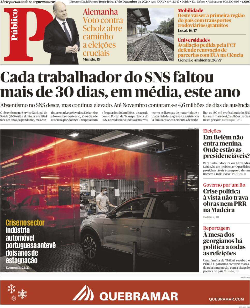 P&uacute;blico: Capa da Edi&ccedil;&atilde;o de ter&ccedil;a-feira, 17 de dezembro 2024