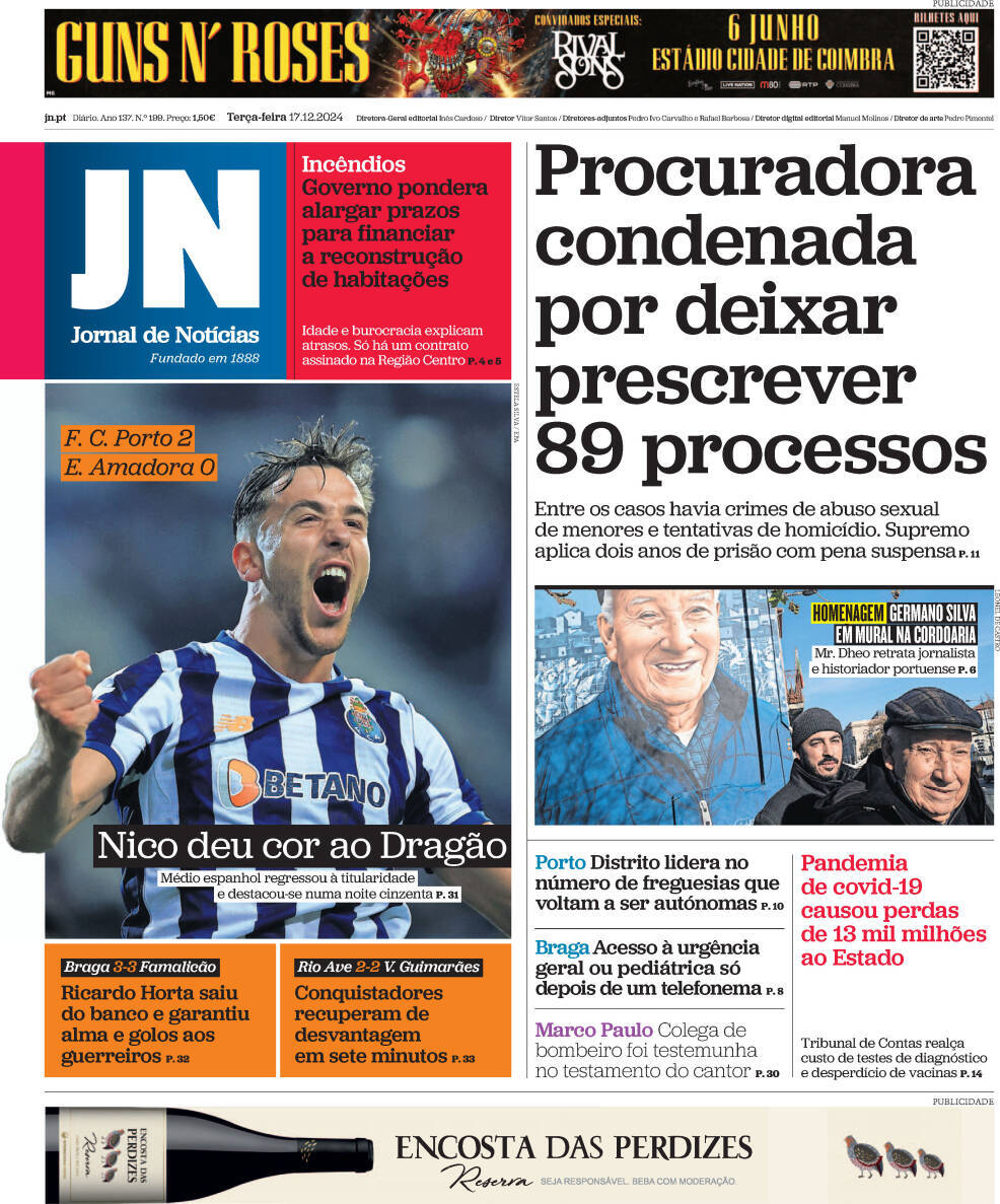 Jornal de Not&iacute;cias: Capa da Edi&ccedil;&atilde;o de ter&ccedil;a-feira, 17 de dezembro 2024