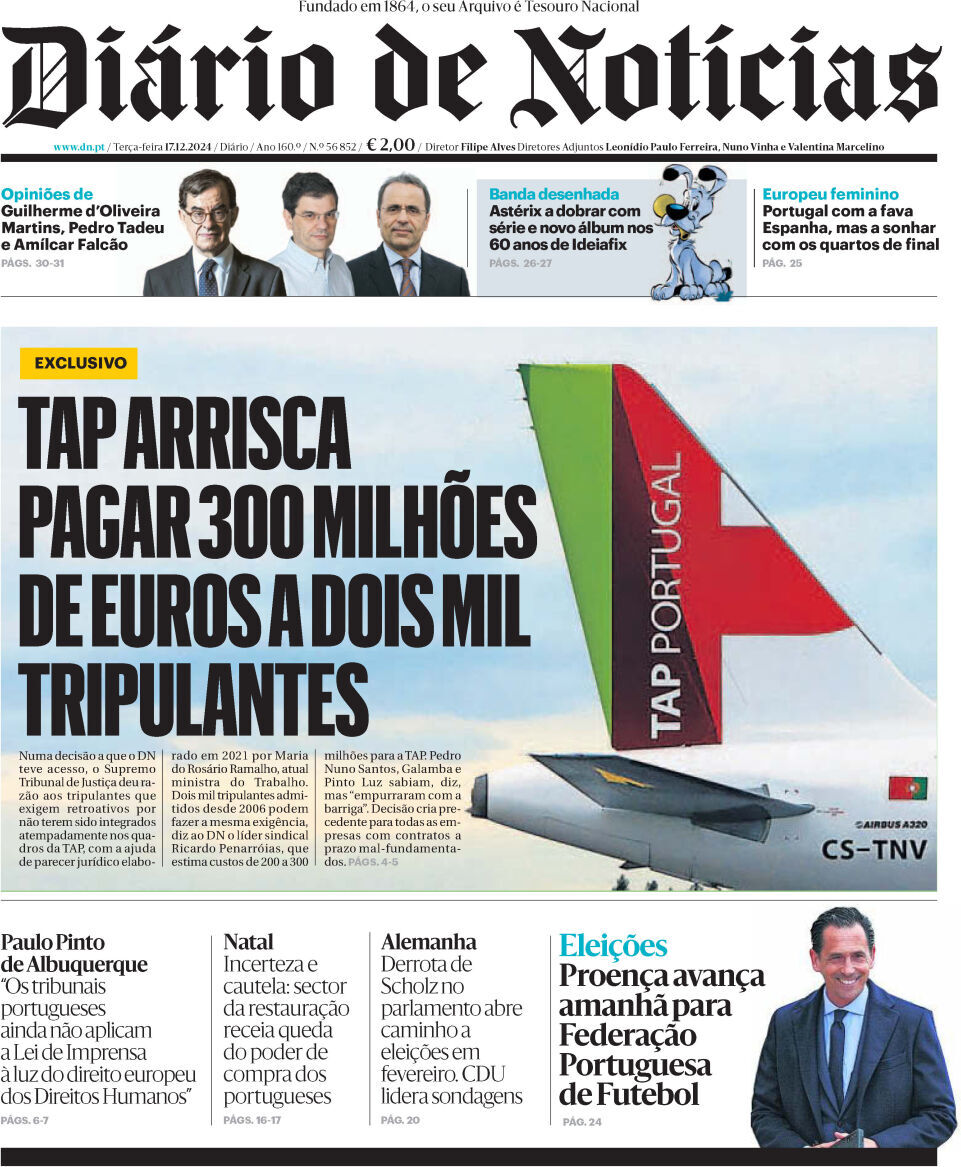 Di&aacute;rio de Not&iacute;cias: Capa da Edi&ccedil;&atilde;o de ter&ccedil;a-feira, 17 de dezembro 2024
