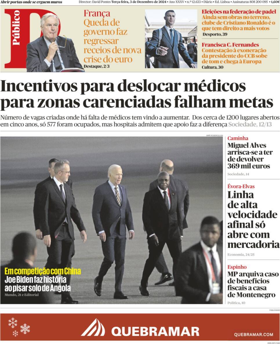 P&uacute;blico: Capa da Edi&ccedil;&atilde;o de ter&ccedil;a-feira, 03 de dezembro 2024