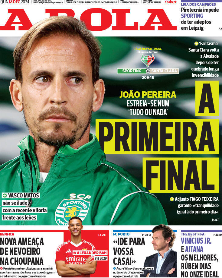 A Bola: Capa da Edi&ccedil;&atilde;o de quarta-feira, 18 de dezembro 2024
