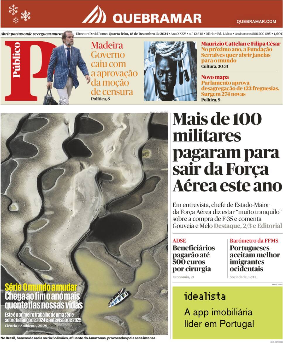 P&uacute;blico: Capa da Edi&ccedil;&atilde;o de quarta-feira, 18 de dezembro 2024