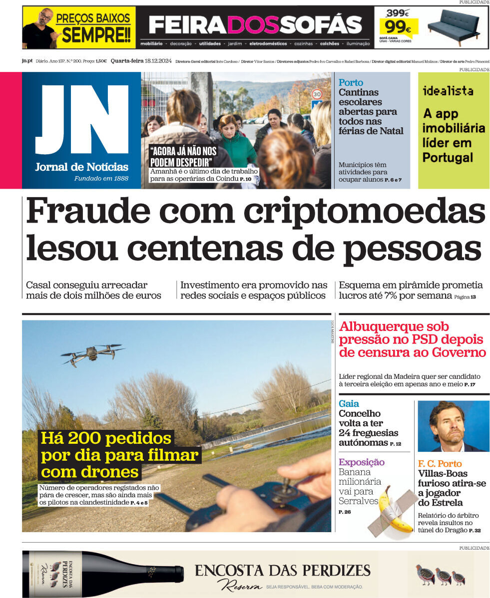 Jornal de Not&iacute;cias: Capa da Edi&ccedil;&atilde;o de quarta-feira, 18 de dezembro 2024
