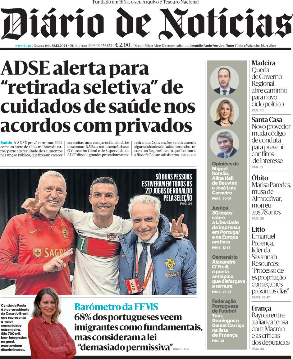 Di&aacute;rio de Not&iacute;cias: Capa da Edi&ccedil;&atilde;o de quarta-feira, 18 de dezembro 2024