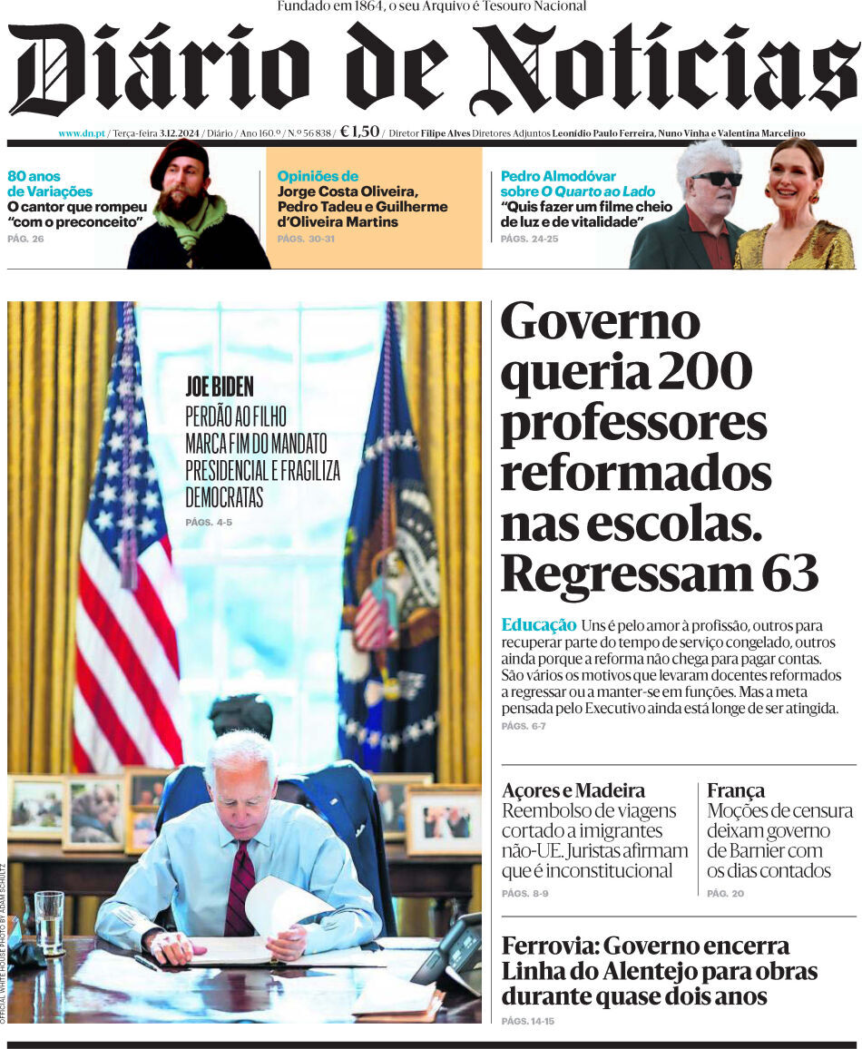 Di&aacute;rio de Not&iacute;cias: Capa da Edi&ccedil;&atilde;o de ter&ccedil;a-feira, 03 de dezembro 2024
