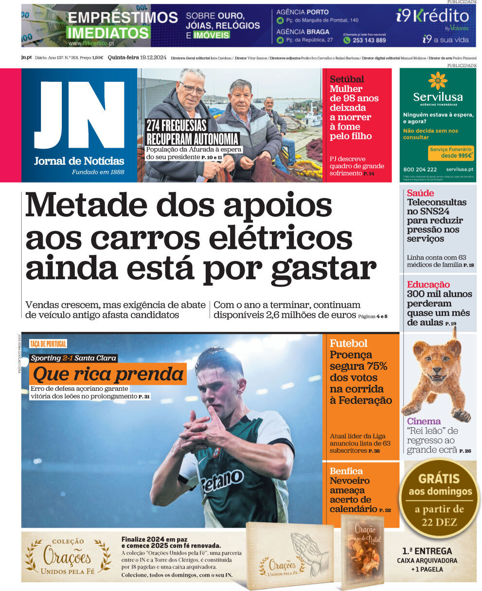 Jornal de Not&iacute;cias: Capa da Edi&ccedil;&atilde;o de quinta-feira, 19 de dezembro 2024