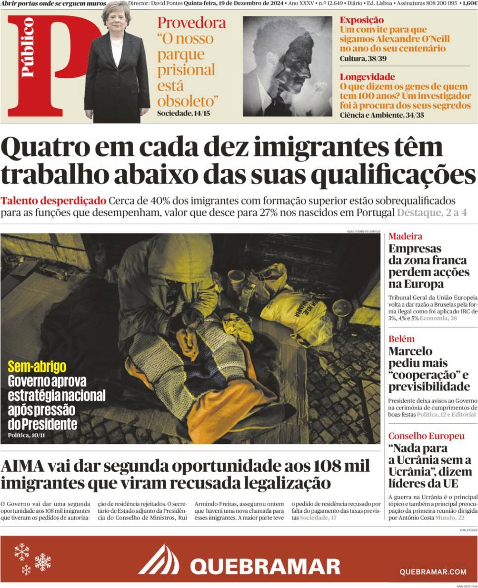P&uacute;blico: Capa da Edi&ccedil;&atilde;o de quinta-feira, 19 de dezembro 2024