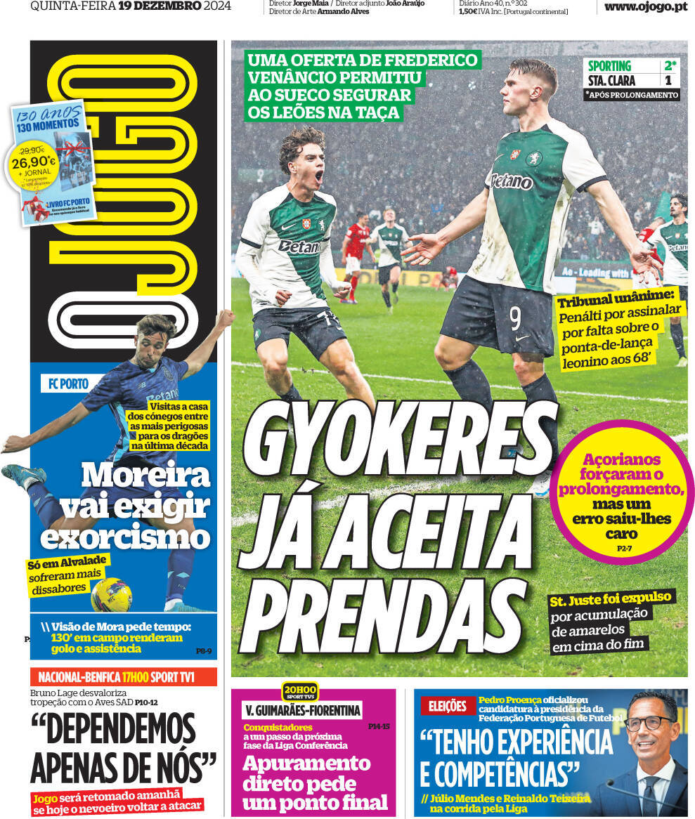 O Jogo: Capa da Edi&ccedil;&atilde;o de quinta-feira, 19 de dezembro 2024