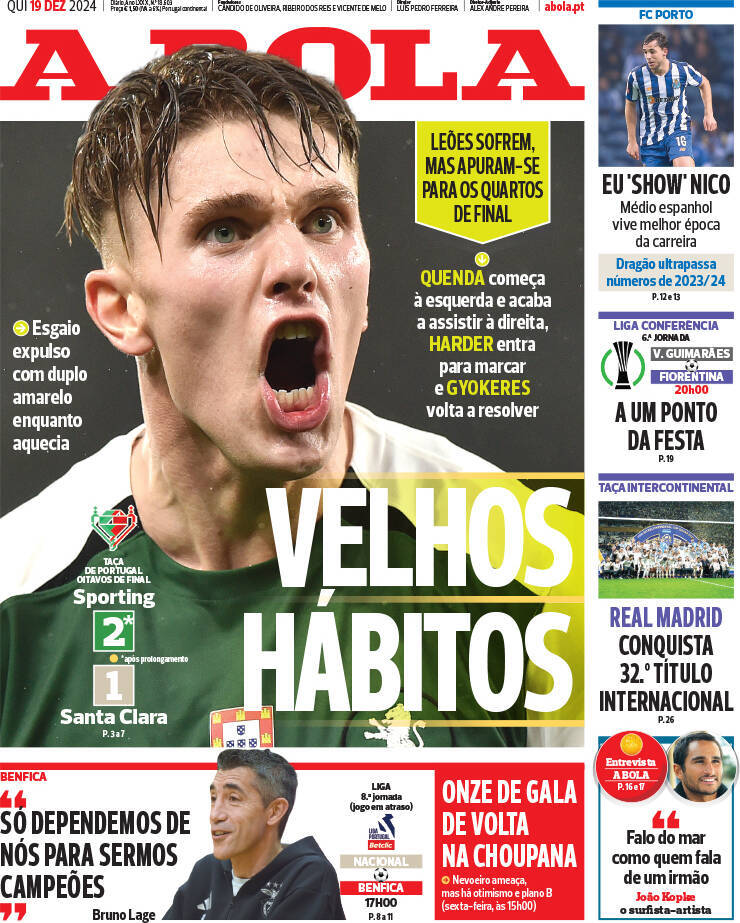 A Bola: Capa da Edi&ccedil;&atilde;o de quinta-feira, 19 de dezembro 2024