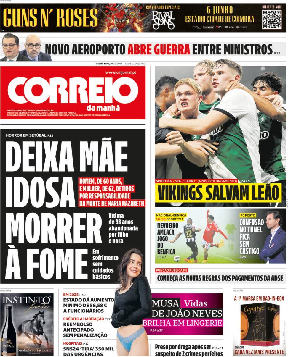 Correio da Manh&atilde;: Capa da Edi&ccedil;&atilde;o de quinta-feira, 19 de dezembro 2024
