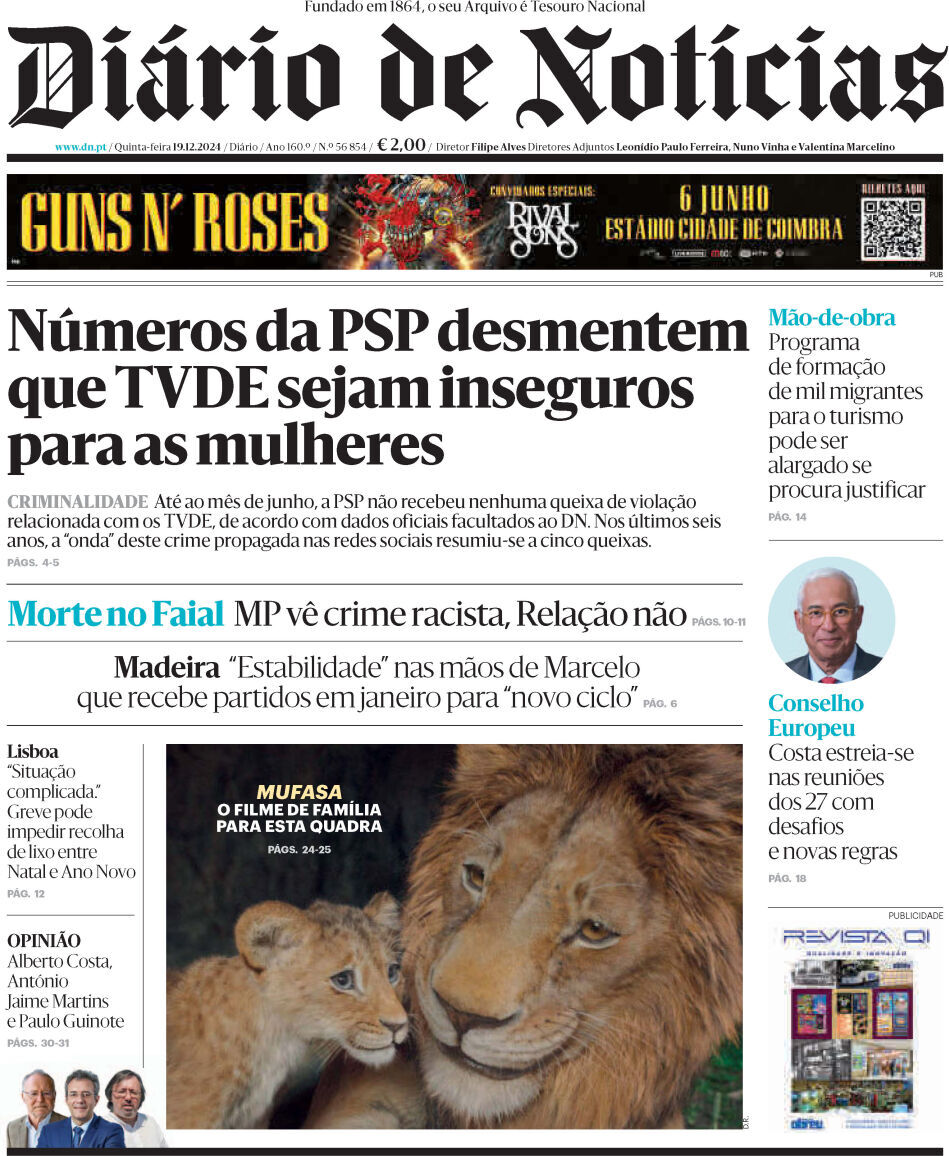 Di&aacute;rio de Not&iacute;cias: Capa da Edi&ccedil;&atilde;o de quinta-feira, 19 de dezembro 2024