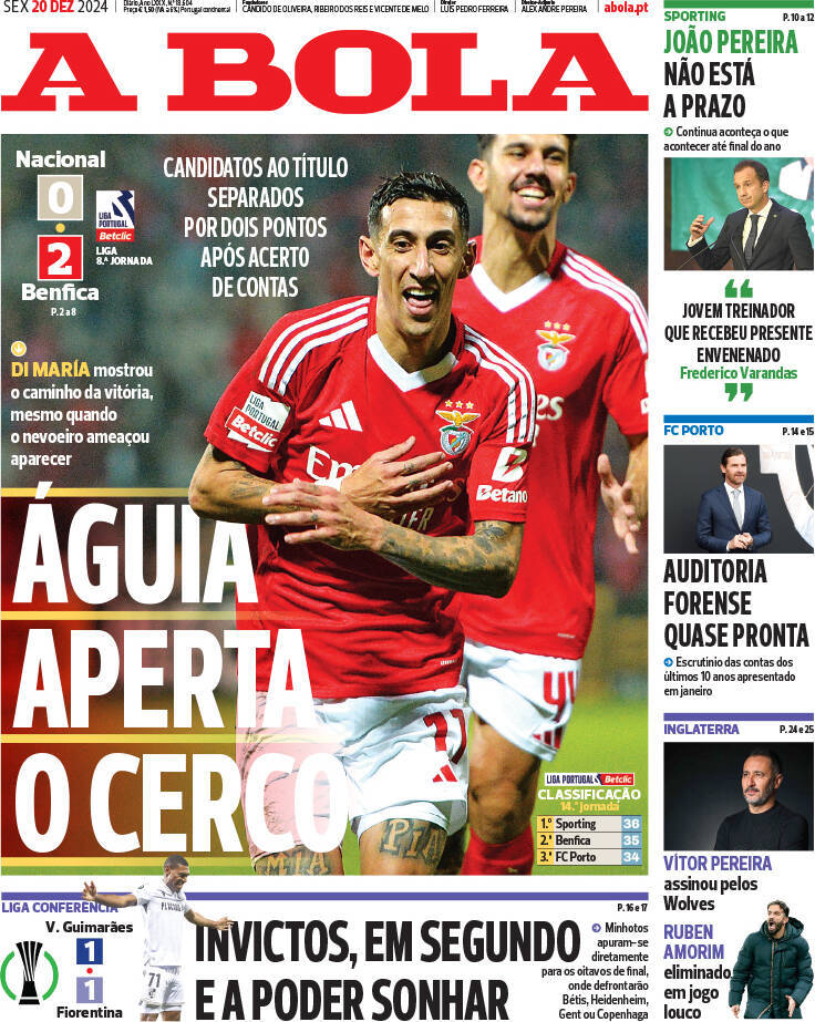 A Bola: Capa da Edi&ccedil;&atilde;o de sexta-feira, 20 de dezembro 2024