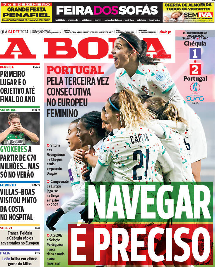 A Bola: Capa da Edi&ccedil;&atilde;o de quarta-feira, 04 de dezembro 2024