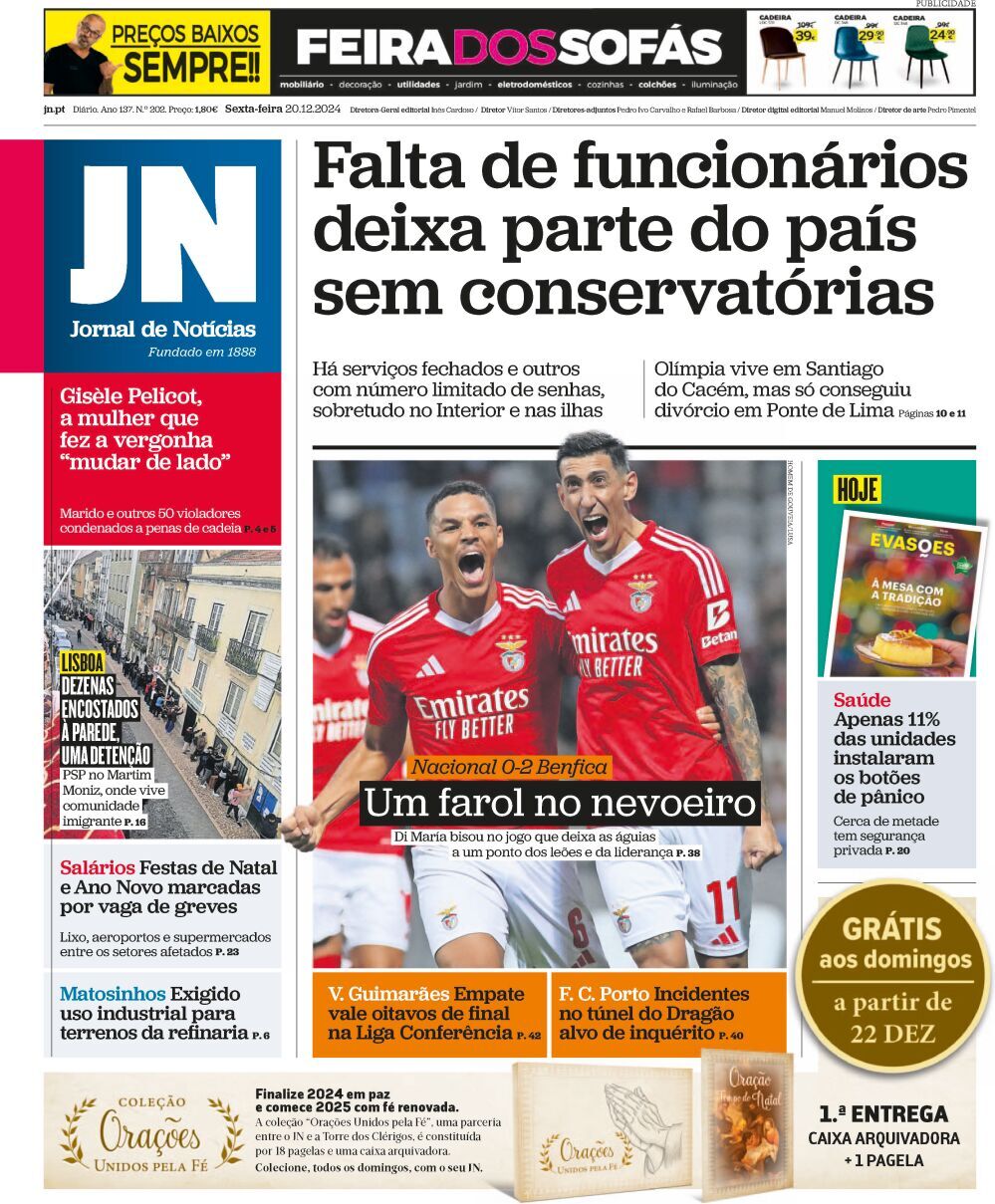 Jornal de Not&iacute;cias: Capa da Edi&ccedil;&atilde;o de sexta-feira, 20 de dezembro 2024