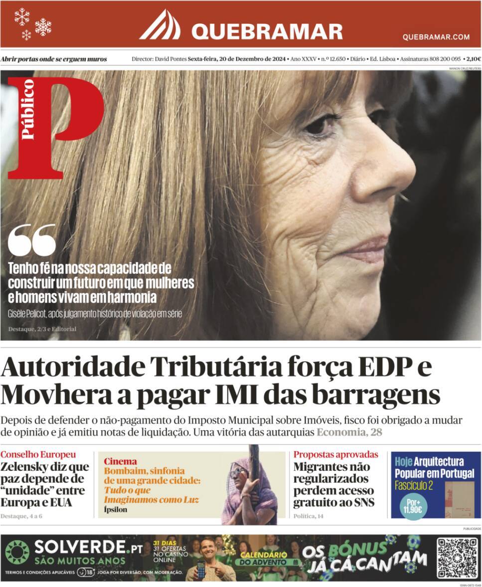 P&uacute;blico: Capa da Edi&ccedil;&atilde;o de sexta-feira, 20 de dezembro 2024