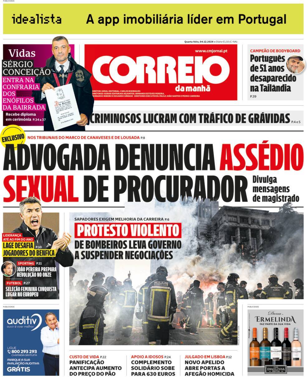 Correio da Manh&atilde;: Capa da Edi&ccedil;&atilde;o de quarta-feira, 04 de dezembro 2024