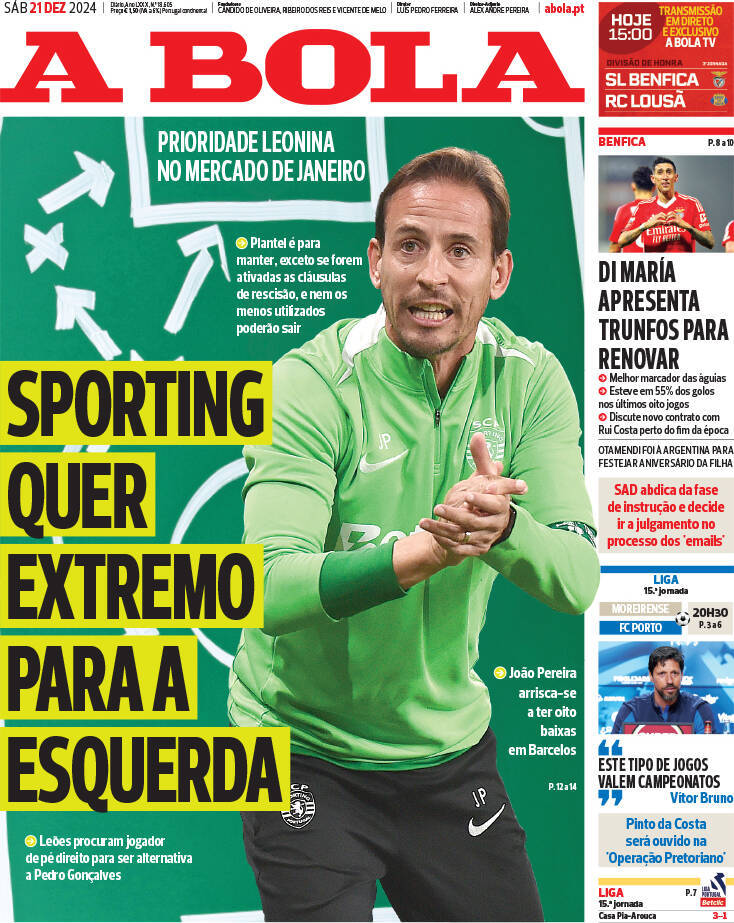 A Bola: Capa da Edi&ccedil;&atilde;o de s&aacute;bado, 21 de dezembro 2024