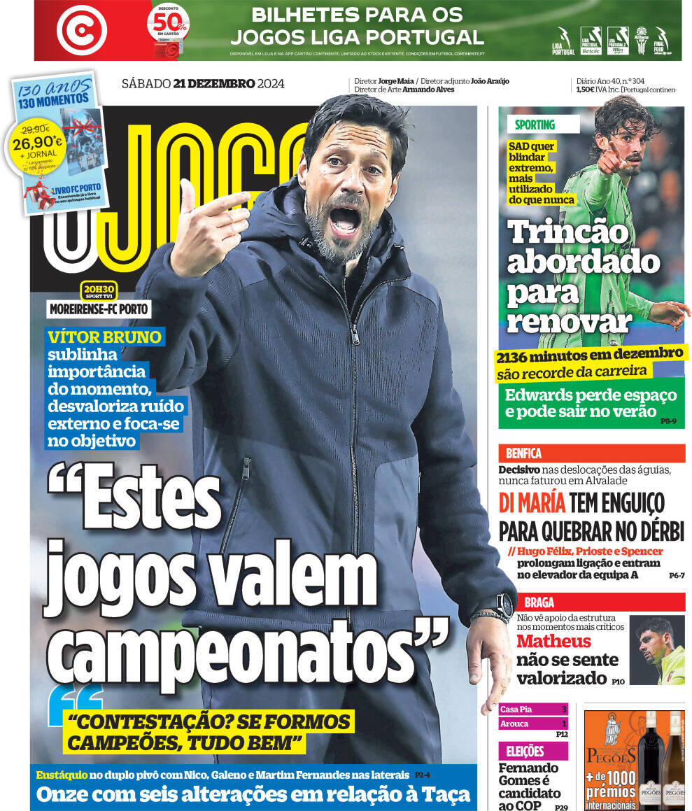 O Jogo: Capa da Edi&ccedil;&atilde;o de s&aacute;bado, 21 de dezembro 2024