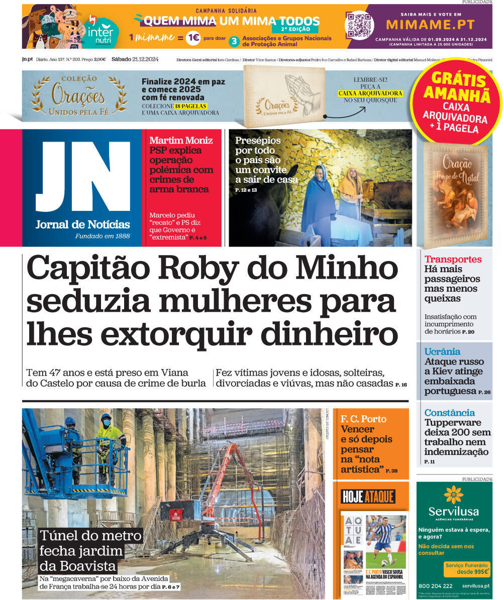 Jornal de Not&iacute;cias: Capa da Edi&ccedil;&atilde;o de s&aacute;bado, 21 de dezembro 2024