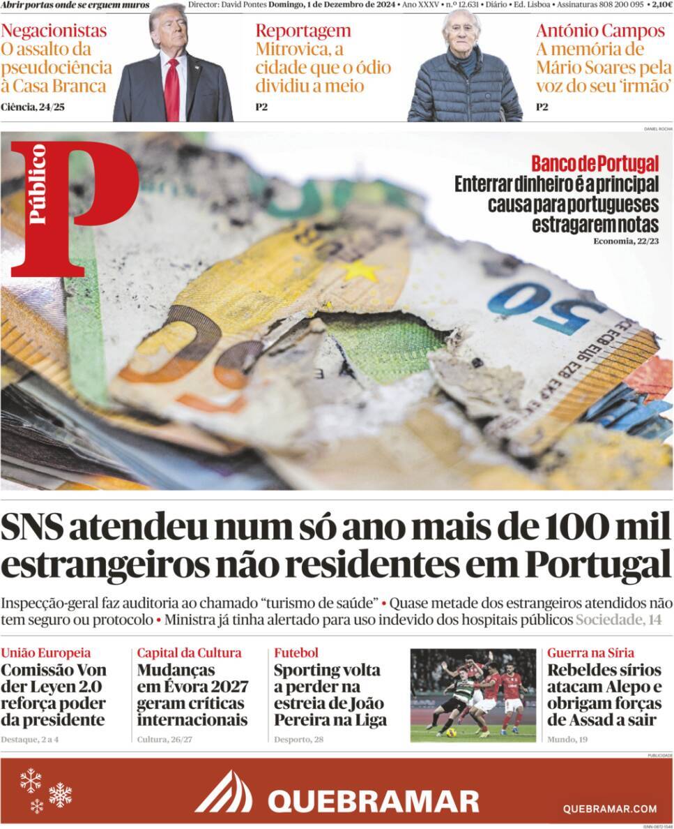 P&uacute;blico: Capa da Edi&ccedil;&atilde;o de domingo, 01 de dezembro 2024