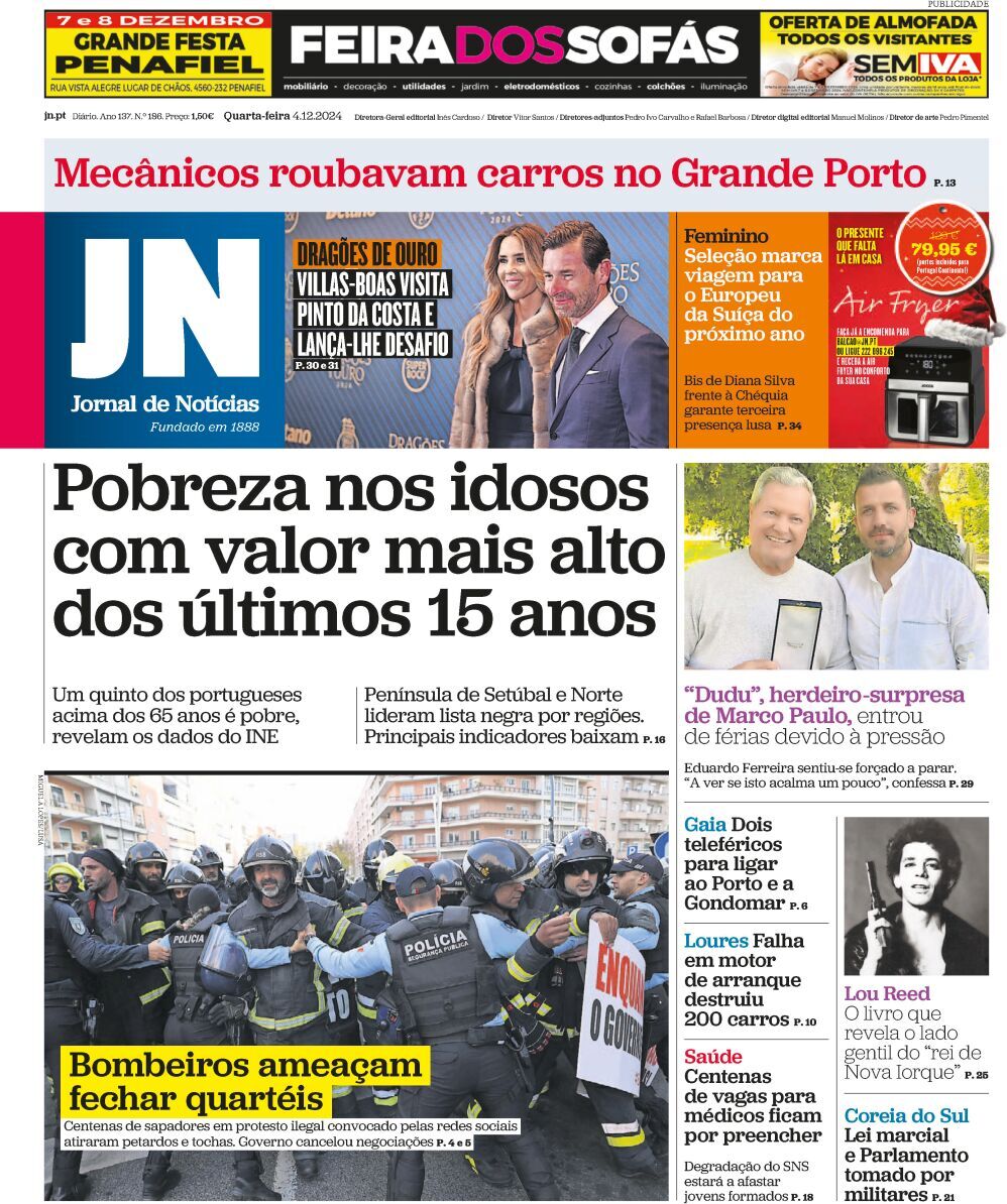 Jornal de Not&iacute;cias: Capa da Edi&ccedil;&atilde;o de quarta-feira, 04 de dezembro 2024