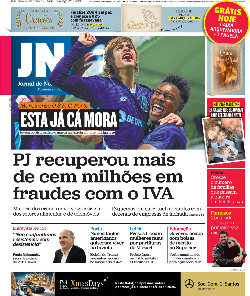Jornal de Not&iacute;cias: Capa da Edi&ccedil;&atilde;o de domingo, 22 de dezembro 2024