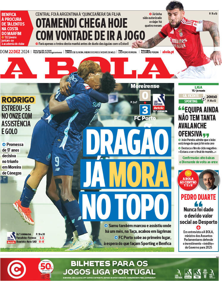 A Bola: Capa da Edi&ccedil;&atilde;o de domingo, 22 de dezembro 2024