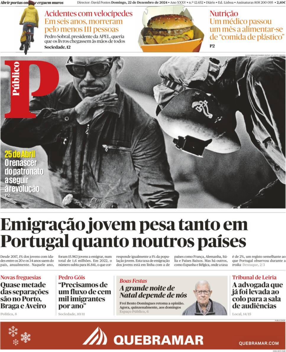 P&uacute;blico: Capa da Edi&ccedil;&atilde;o de domingo, 22 de dezembro 2024