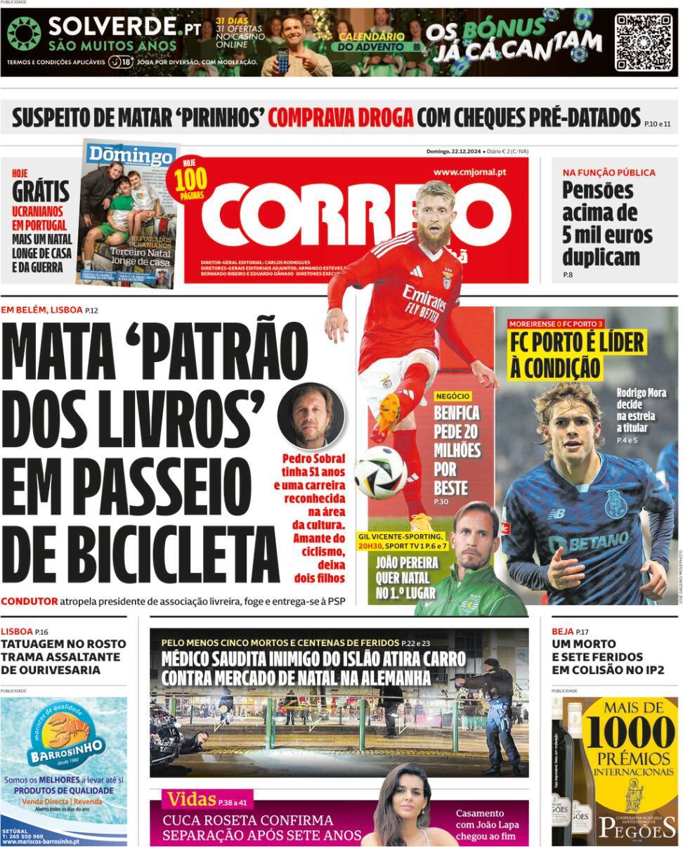 Correio da Manh&atilde;: Capa da Edi&ccedil;&atilde;o de domingo, 22 de dezembro 2024