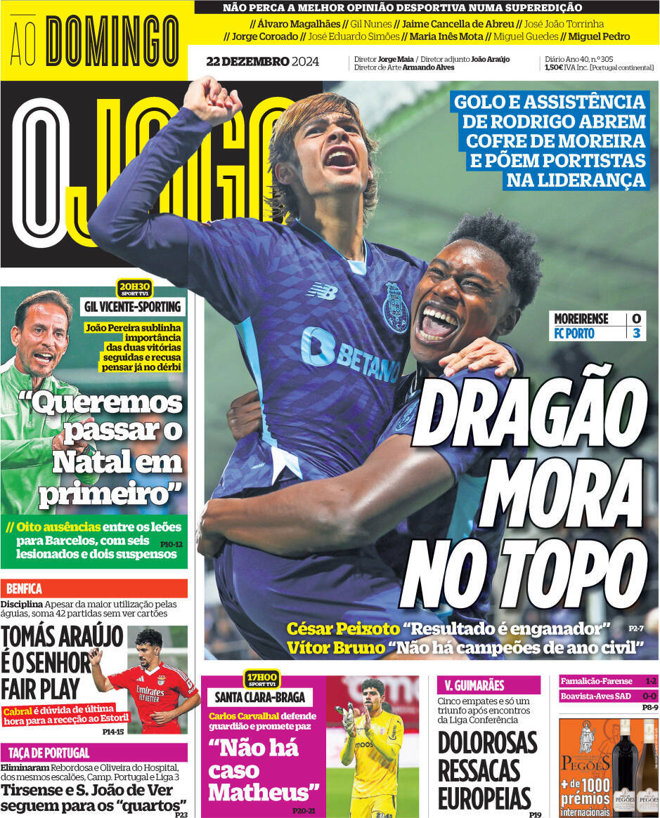 O Jogo: Capa da Edi&ccedil;&atilde;o de domingo, 22 de dezembro 2024