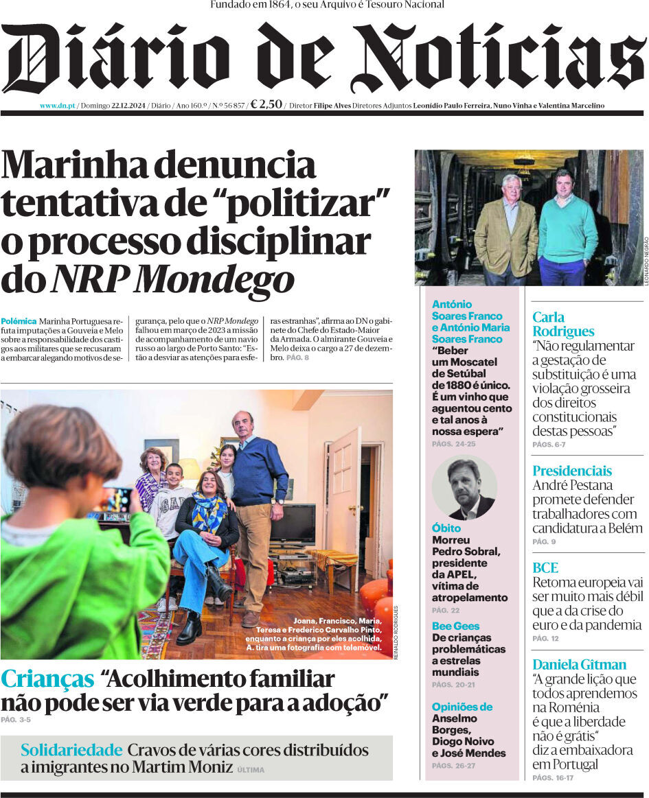 Di&aacute;rio de Not&iacute;cias: Capa da Edi&ccedil;&atilde;o de domingo, 22 de dezembro 2024