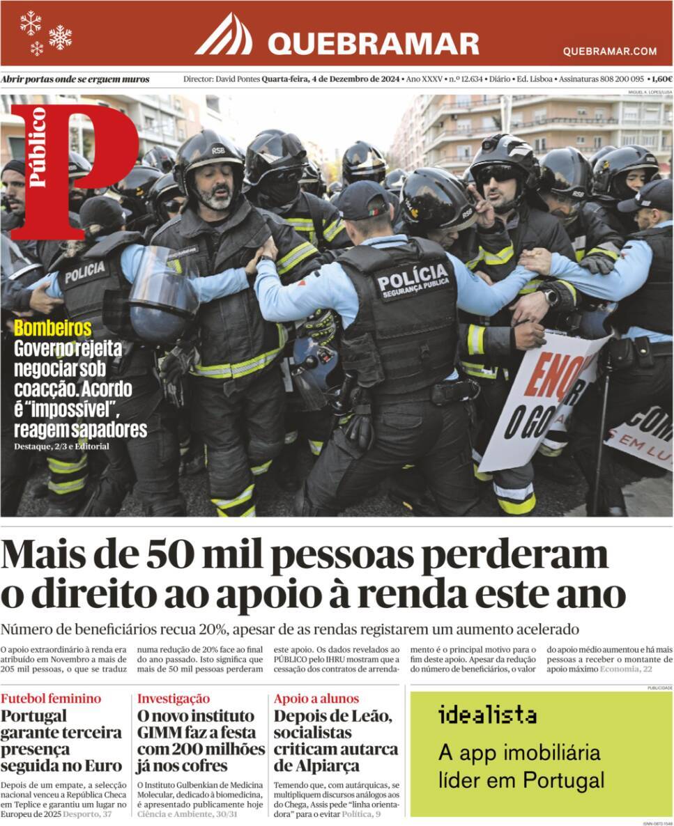P&uacute;blico: Capa da Edi&ccedil;&atilde;o de quarta-feira, 04 de dezembro 2024