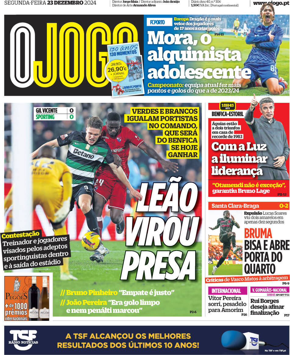 O Jogo: Capa da Edi&ccedil;&atilde;o de segunda-feira, 23 de dezembro 2024