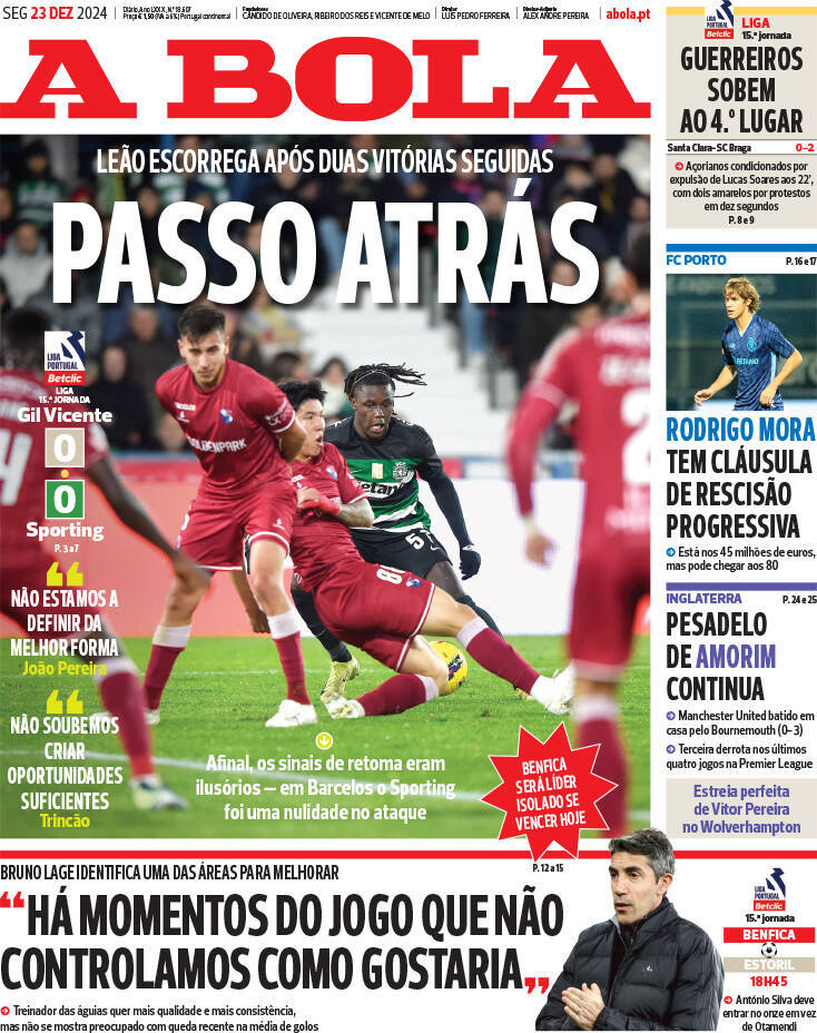 A Bola: Capa da Edi&ccedil;&atilde;o de segunda-feira, 23 de dezembro 2024