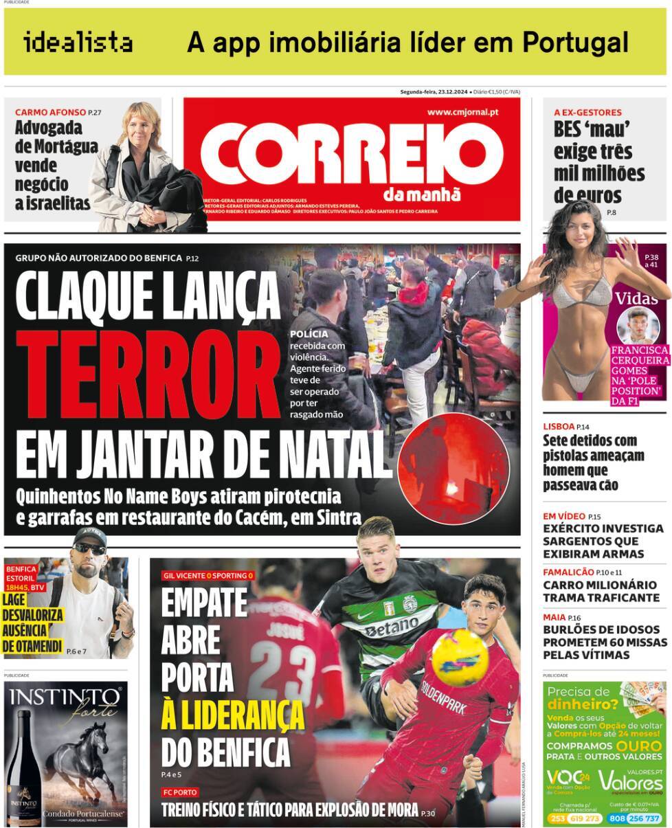 Correio da Manh&atilde;: Capa da Edi&ccedil;&atilde;o de segunda-feira, 23 de dezembro 2024