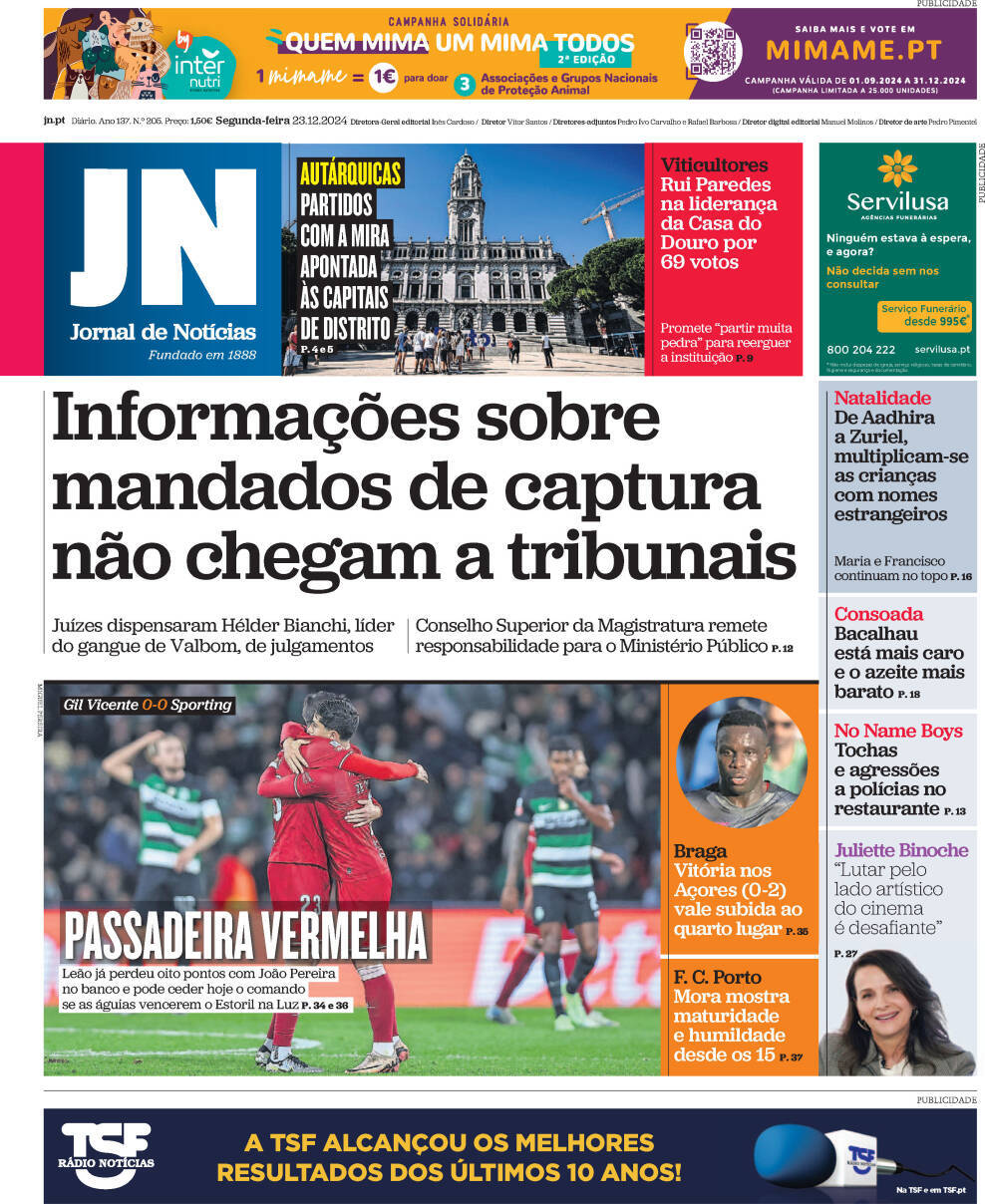 Jornal de Not&iacute;cias: Capa da Edi&ccedil;&atilde;o de segunda-feira, 23 de dezembro 2024