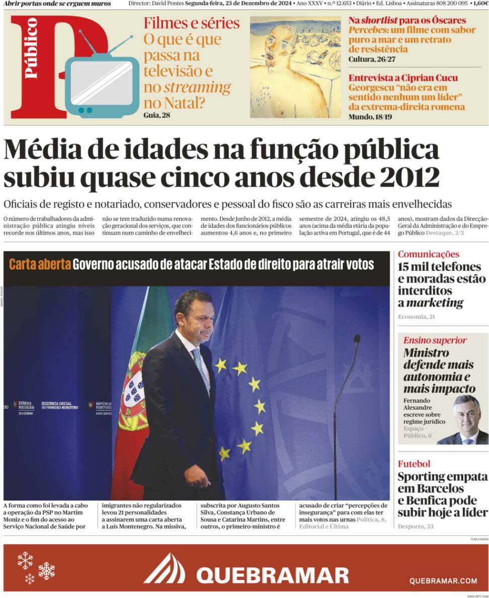 P&uacute;blico: Capa da Edi&ccedil;&atilde;o de segunda-feira, 23 de dezembro 2024