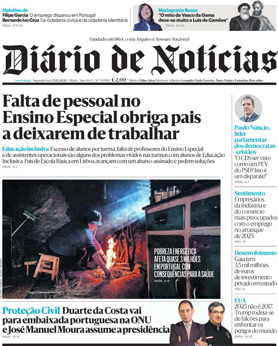 Di&aacute;rio de Not&iacute;cias: Capa da Edi&ccedil;&atilde;o de segunda-feira, 23 de dezembro 2024