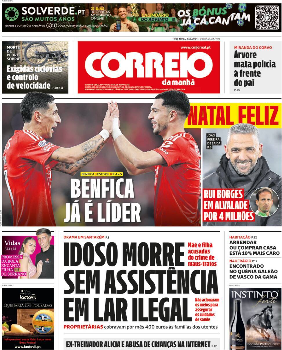 Correio da Manh&atilde;: Capa da Edi&ccedil;&atilde;o de ter&ccedil;a-feira, 24 de dezembro 2024
