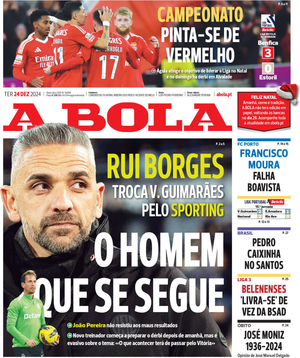 A Bola: Capa da Edi&ccedil;&atilde;o de ter&ccedil;a-feira, 24 de dezembro 2024