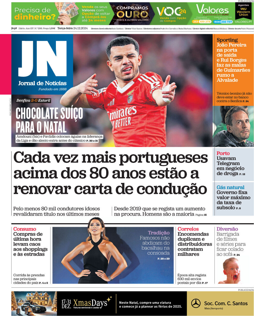 Jornal de Not&iacute;cias: Capa da Edi&ccedil;&atilde;o de ter&ccedil;a-feira, 24 de dezembro 2024