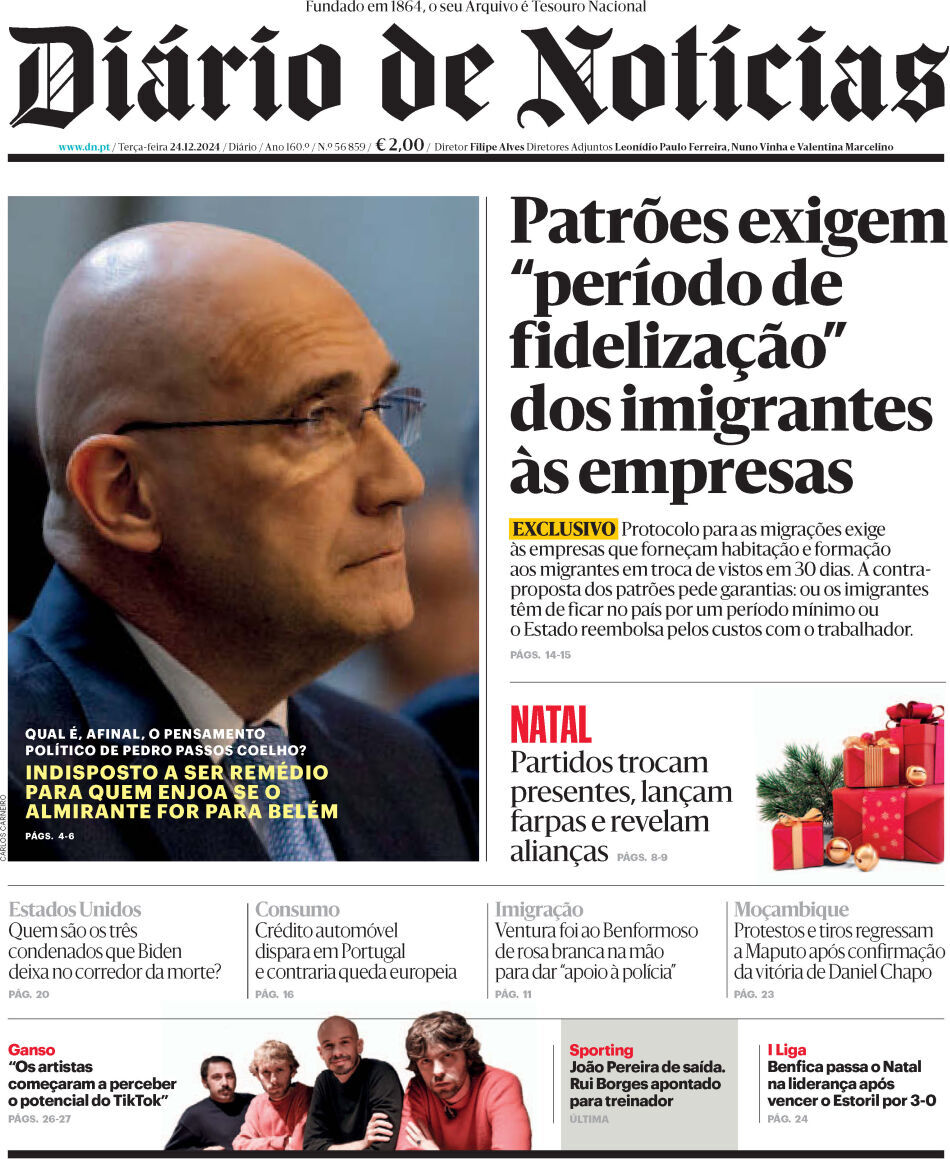 Di&aacute;rio de Not&iacute;cias: Capa da Edi&ccedil;&atilde;o de ter&ccedil;a-feira, 24 de dezembro 2024