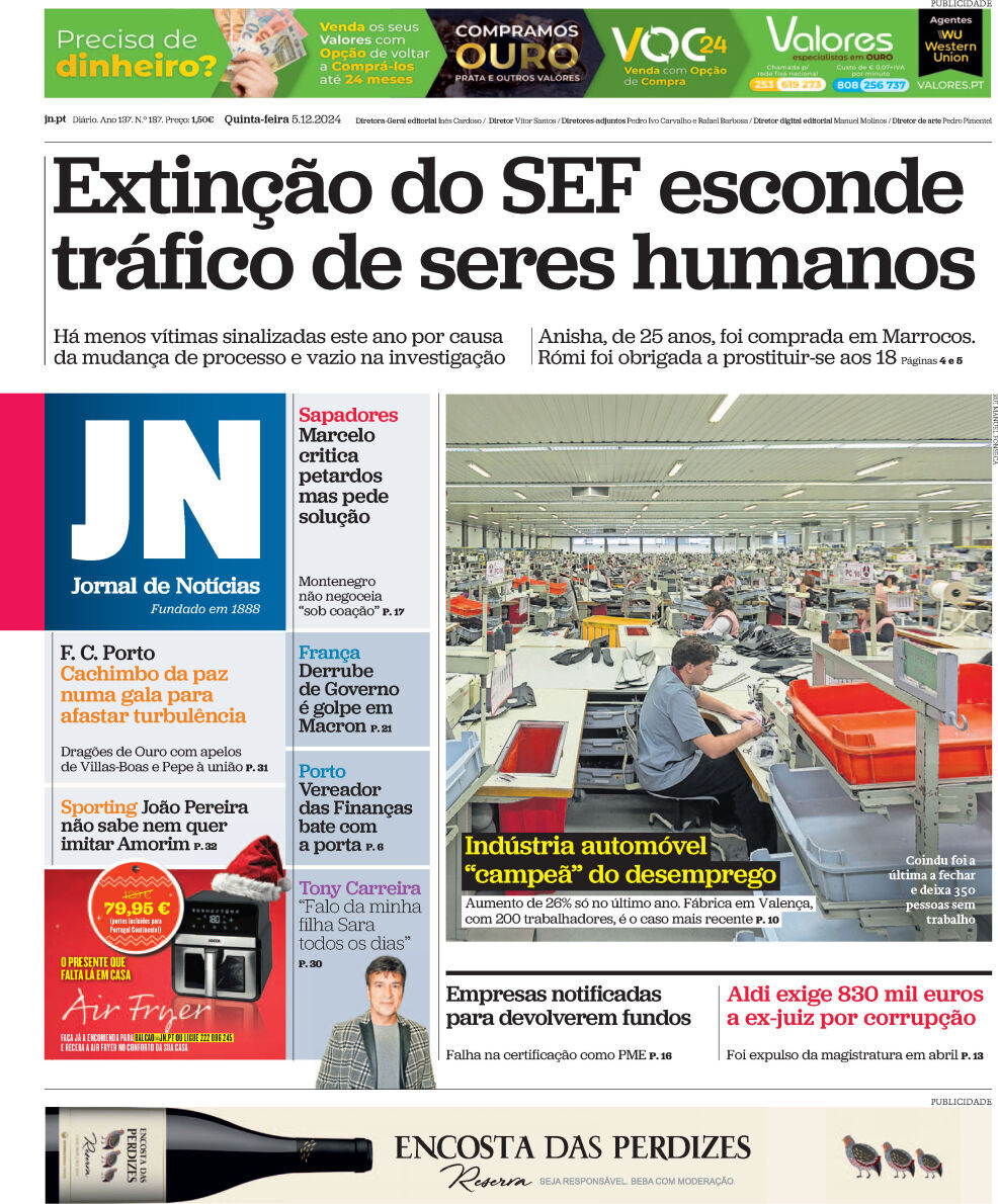 Jornal de Not&iacute;cias: Capa da Edi&ccedil;&atilde;o de quinta-feira, 05 de dezembro 2024
