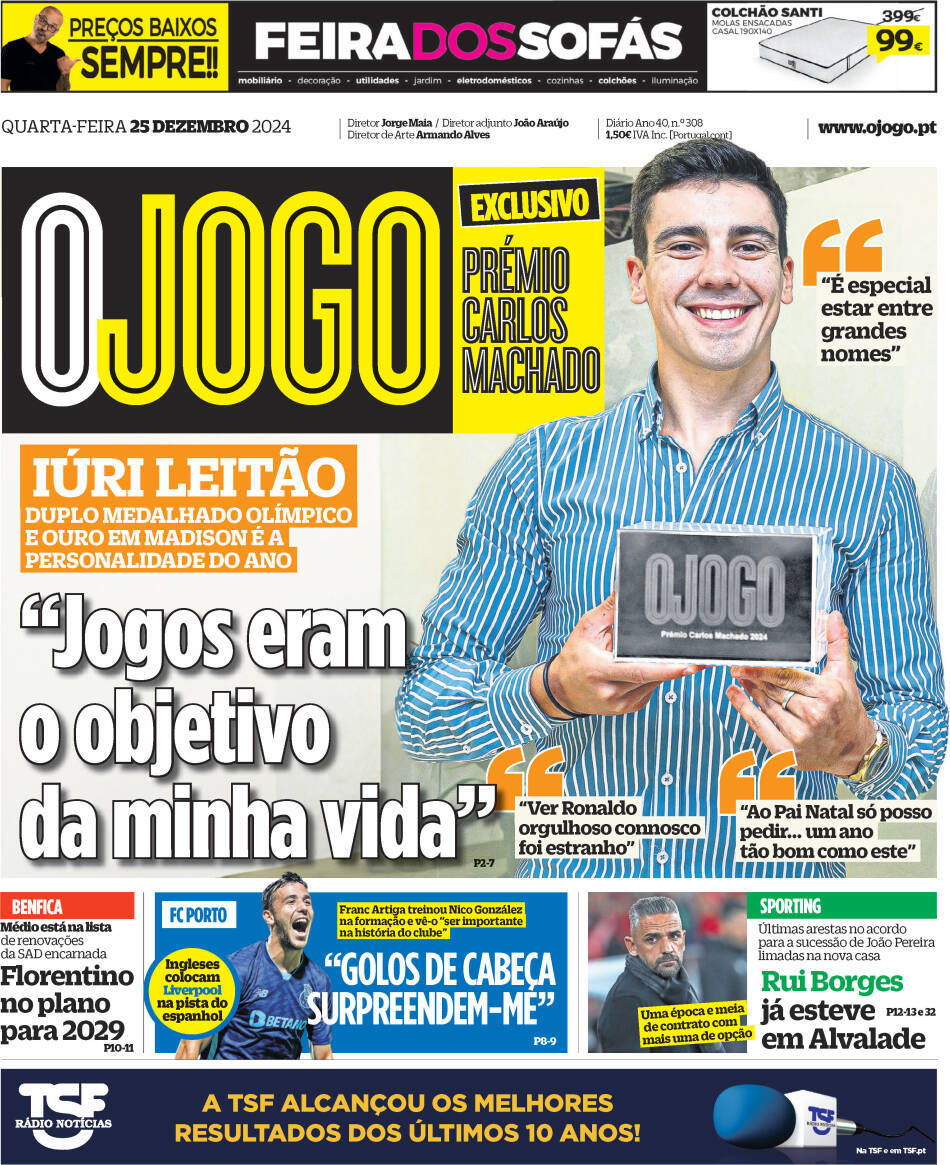 O Jogo: Capa da Edi&ccedil;&atilde;o de quarta-feira, 25 de dezembro 2024